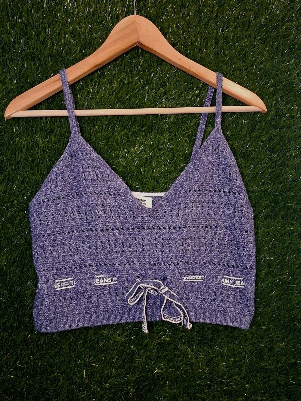 Tommy Jeans Women's Cropped Crochet Bra Top Size Medium Blue Knit Bralette M